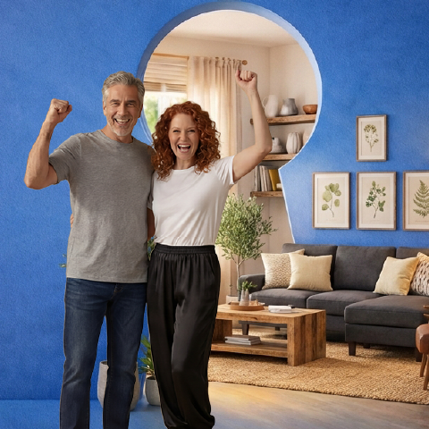 Couple celebrating inside a living room, representing new home ownership